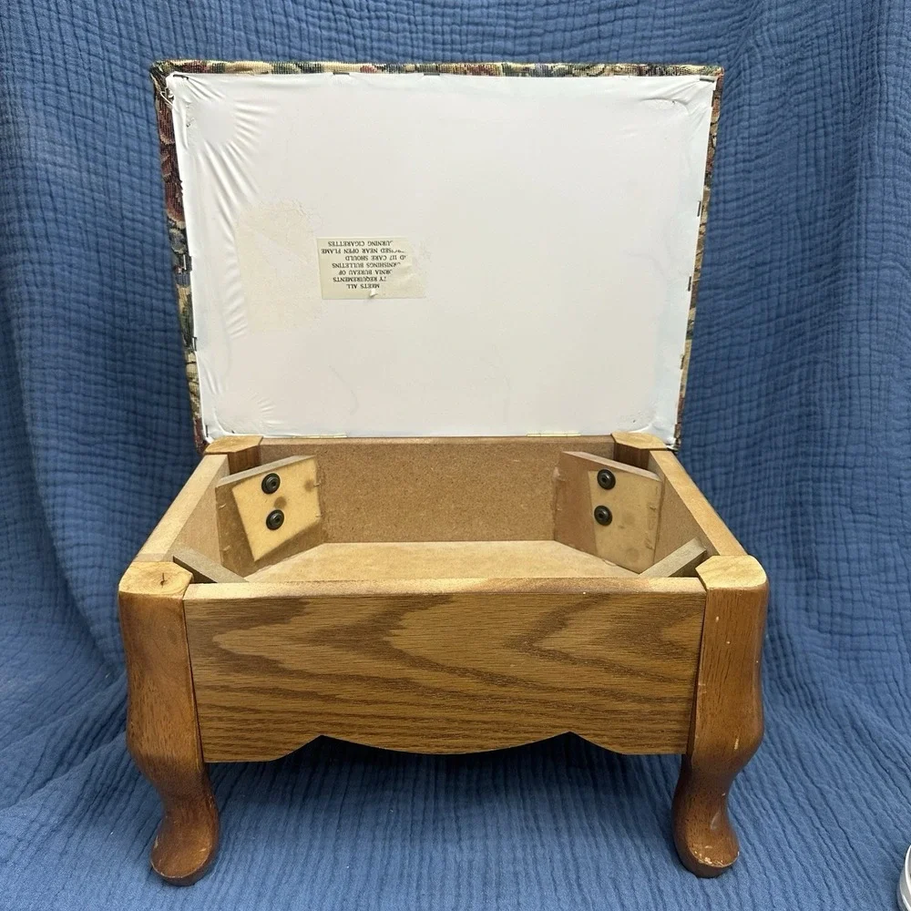 Vintage Wooden Tapestry Footstool Floral Upholstered Cushion Storage Bin Cottage